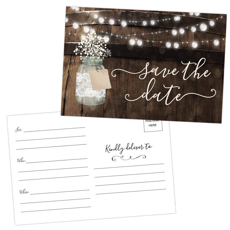 Your Main Event Prints 50 Rustic Mason Jar Save The Date Cards for Wedding, Engagement, Anniversary, Baby Shower, Birthday Party, Wood Save The Dates Postcard Invitations - Image 1